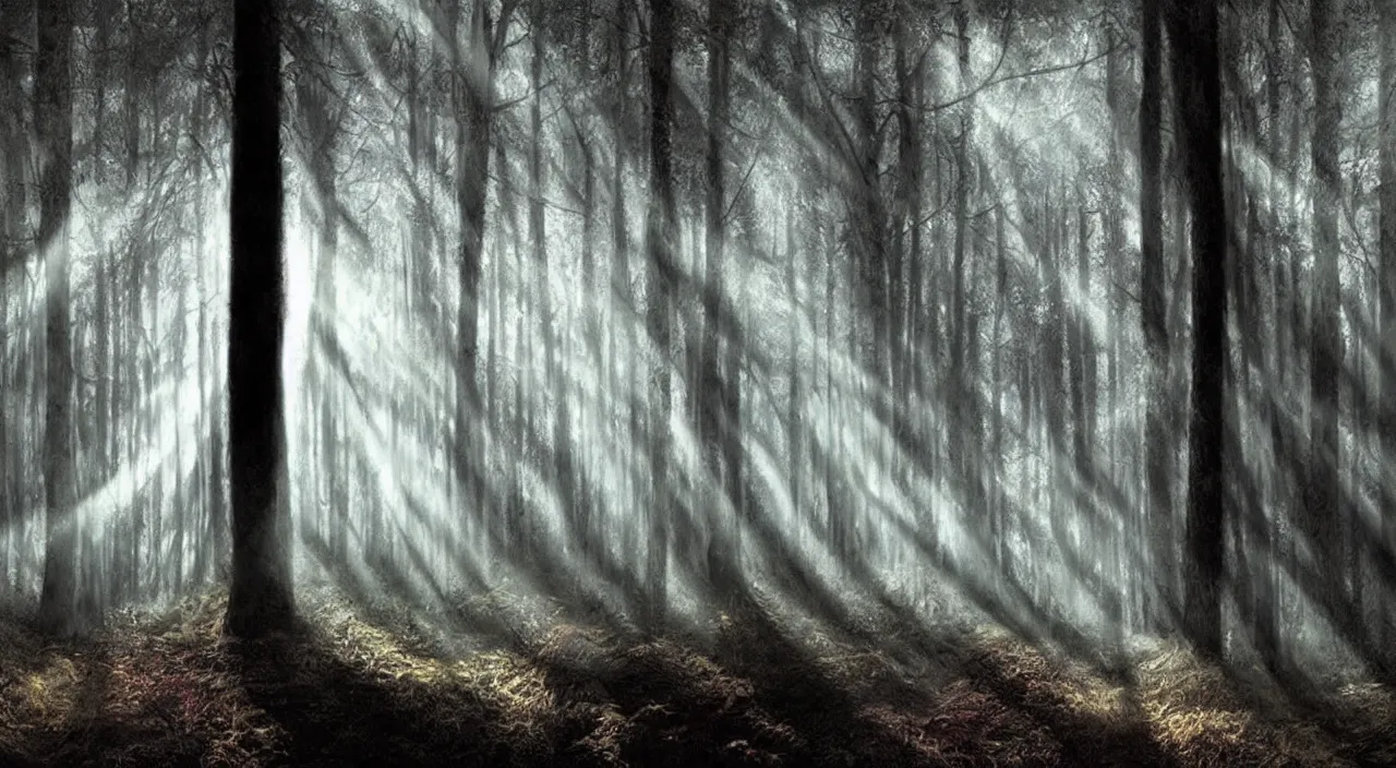 Prompt: forest mist sun beams mysterious scary deep dark hyper realistic detailed graphic novel illustration