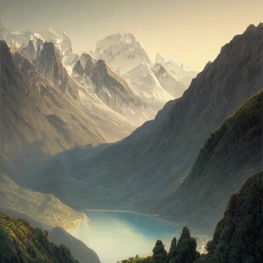 Image similar to Beautiful hyperrealistic detailed matte painting of a Landscape of the road with a view of the Swiss Alps with Lost Vibes in the foreground and distant mountains in the background, during hot summer, in the morning, a delicate mist, by andreas rocha and john howe, and Martin Johnson Heade, featured on artstation, featured on behance, golden ratio, ultrawide angle, f32, well composed, cohesive