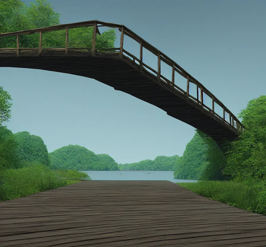 Image similar to long wood bridge to island, unreal engine, digital, acrilic paint