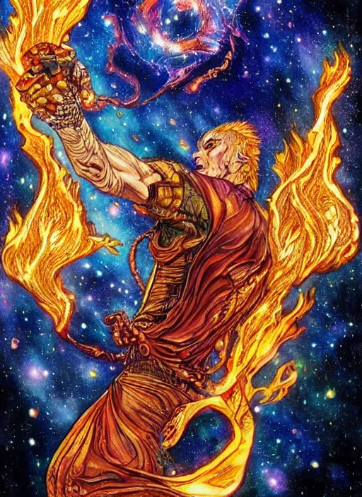 Image similar to high intricate colored ink drawing of the sandman holding a glimmering fire - galaxy, full shot, neil gaiman, maria panfilova, andrea savchenko, mike kime, ludovic plouffe, qi sheng luo, oliver cook, julian calle, eddie mendoza, trending on artstation