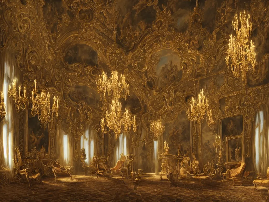 Prompt: a realistic grand gothic rococo salon with a frescoed ceiling painted with demons, warm lighting, fantasy, intricate, elegant, highly detailed, digital painting, artstation, concept art, matte, sharp focus, trompe - l'œil, volumetric light, art by willem kalf and jan philip van thielen