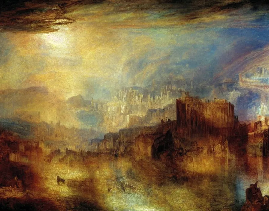 Image similar to Incredible pre-industrial city ultradetailed wonderful landscape by Turner, Tate gallery. Amazing colour scheme. Incredibly colourful. Rainbow. Stars falling. Incondescent sunshine