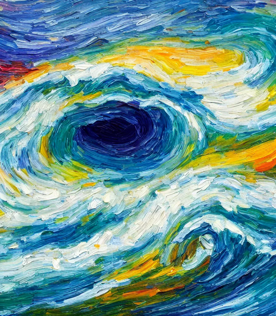 Image similar to an impasto oil painting of a barreling wave, traidic color scheme, high detail, breathtaking wave, modern art, abstract art, energetic colors