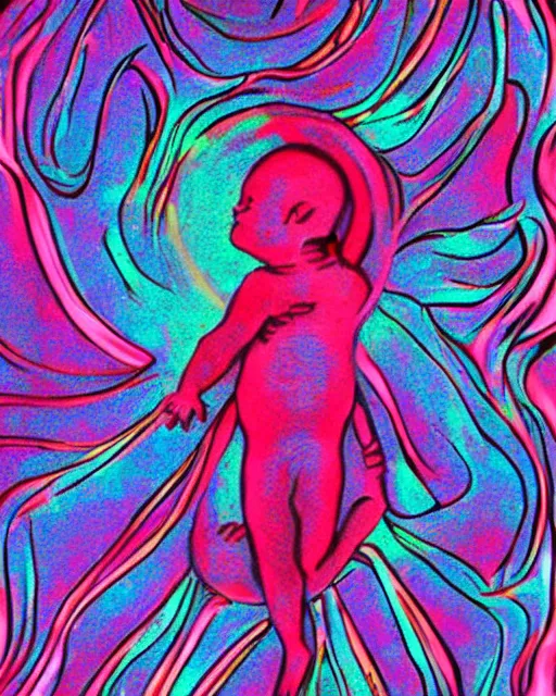 Prompt: fetus in iridescent glowing womb