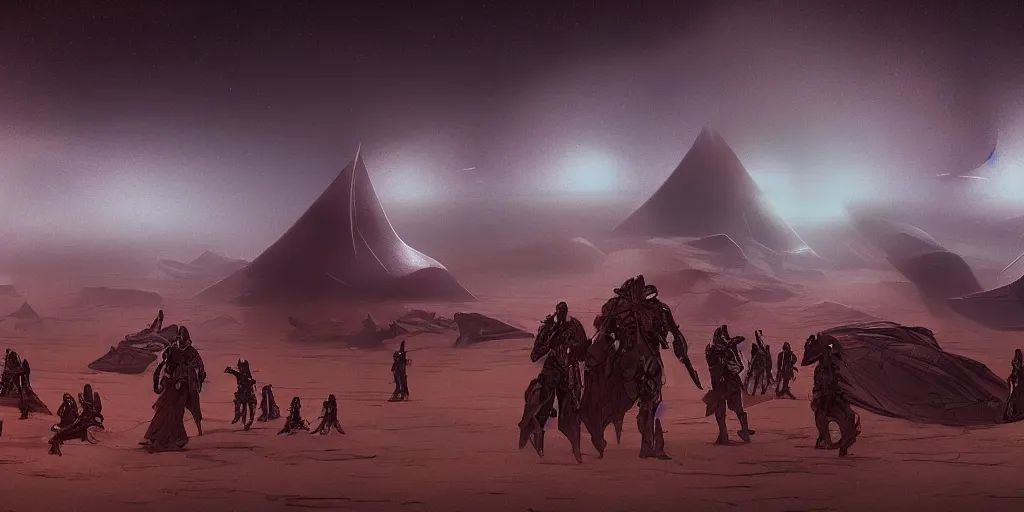 Prompt: The Atreides leave their homeworld Caladan for Arrakis, concept art inspired by Deak Ferrand, Ethereal, artstation, 8k