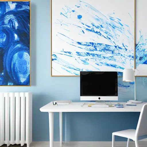 Prompt: interior design of a beautiful and cozy office, blue and white color scheme, pour paint art as wall texture, white furniture, photo realist, 4 k