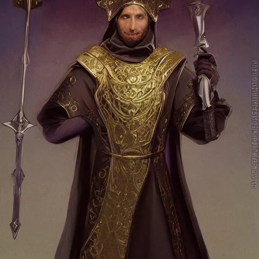 Prompt: an extremely illustration of a tiefling christian cleric, tiefling from d & d, fantasy, dressed in mithril plate armor that looks like a catholic priest's cassock, 4 k, artstation, holy, god rays, detailed, realistic, by alphonse mucha and greg rutkowski