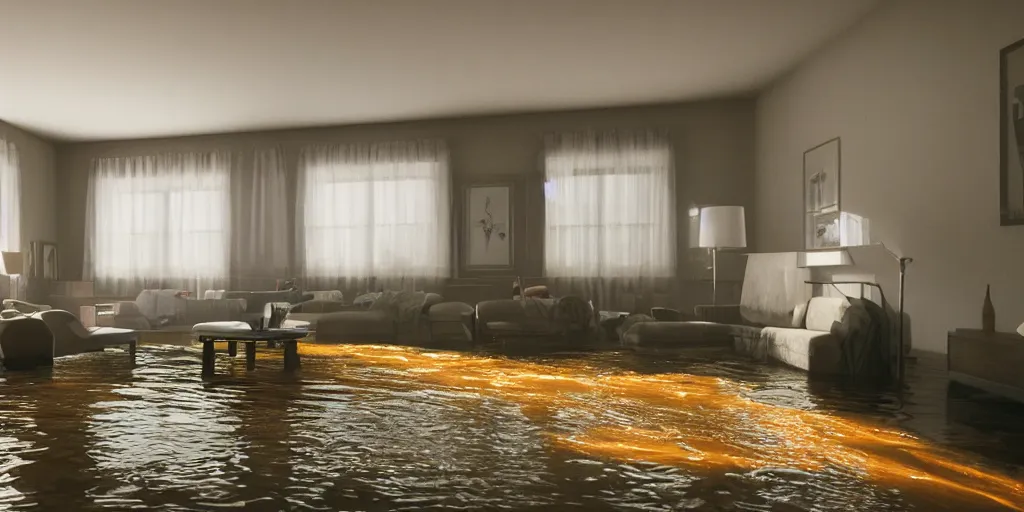 Prompt: kodak portra 4 0 0 photographic and realistic, 7 0 s living room, detailed, octane render, unreal engine, 4 k, artstation, hyper realistic, wide angle, floor flooded, how a river, objects that float, 3 5 mm, sharp focus, soft light, volumetric light fog, in the style of gregory crewdson