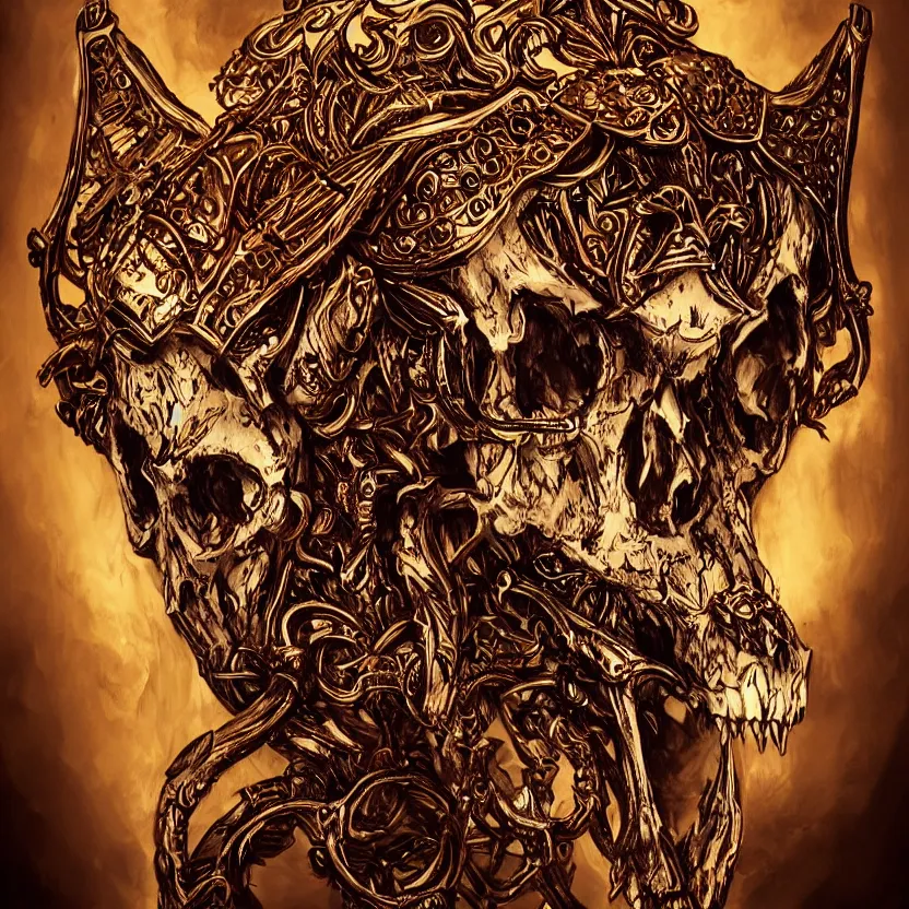 Image similar to photo portrait portrait of skull of wolf, lying on bones, dramatic lighting, golden ornaments, symmetric, intricate skeletal decorations, symmetry, highly detailed, tarot, concept art, black, red, white, gold layers, warhammer, style of nekroxiii, hyperrealistic, dark background, smoke, artstation