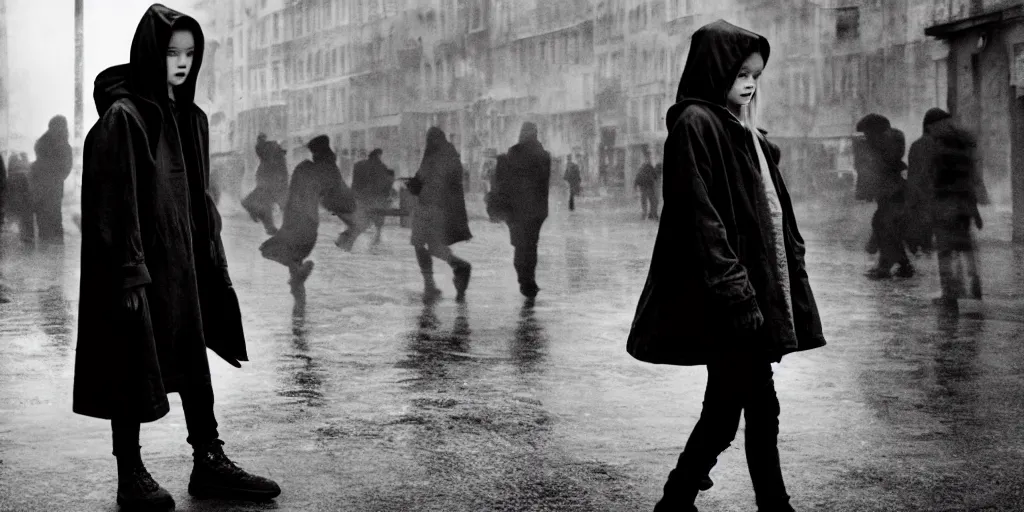 Image similar to sadie sink in hoodie offers closed umbrella to pedestrian in ruined square, pedestrians ignore her : grainy b & w 1 6 mm film, 2 5 mm lens, single long shot from schindler's list by steven spielberg. cyberpunk, steampunk. cinematic atmosphere and composition, detailed face, perfect anatomy