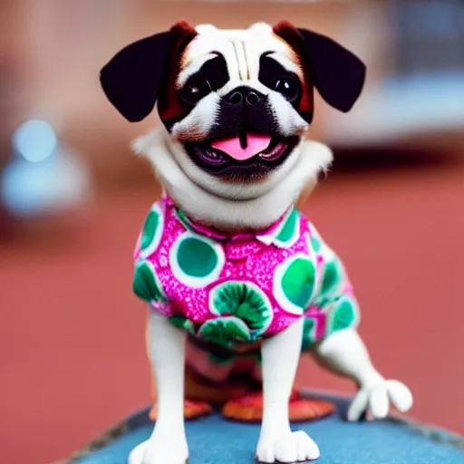 Image similar to a volatile pugalier wearing a hawaiian shirt, living in the city, disney character, cartoonish, claymation, photo by wes anderson