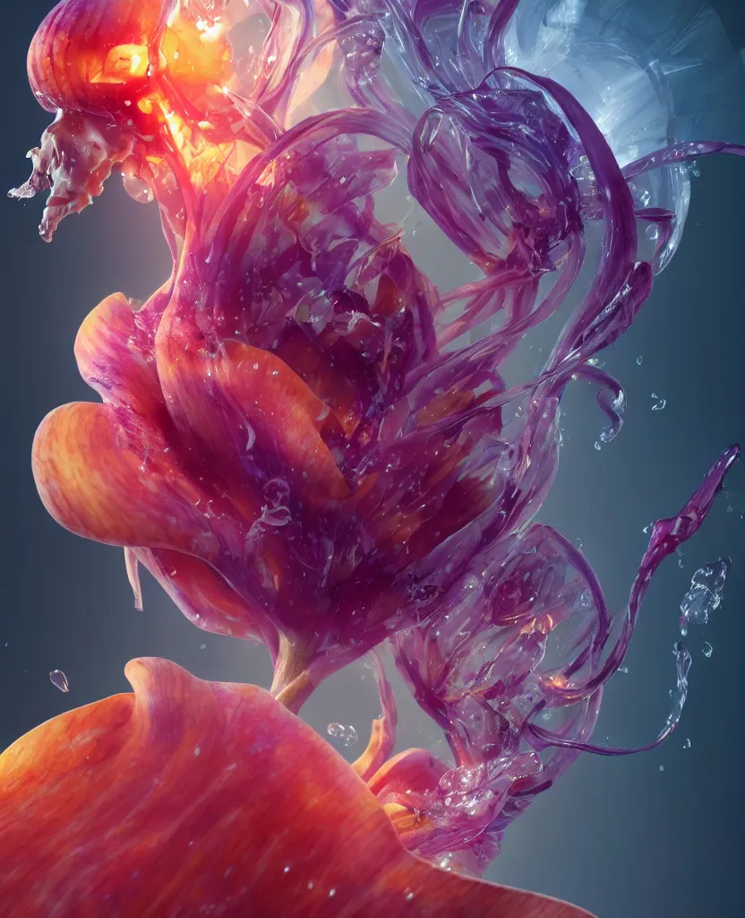 Prompt: 3 d head shot portrait of the face of a beautiful princess, giant orchid flower, giant gladiola, high contrast and sharpness, jellyfish face skull phoenix bird, translucent, nautilus, smoke and water energy flow. highly detailed, epic. octane render, excellent composition, by wlop, tooth wu, greg rutkowski, beeple