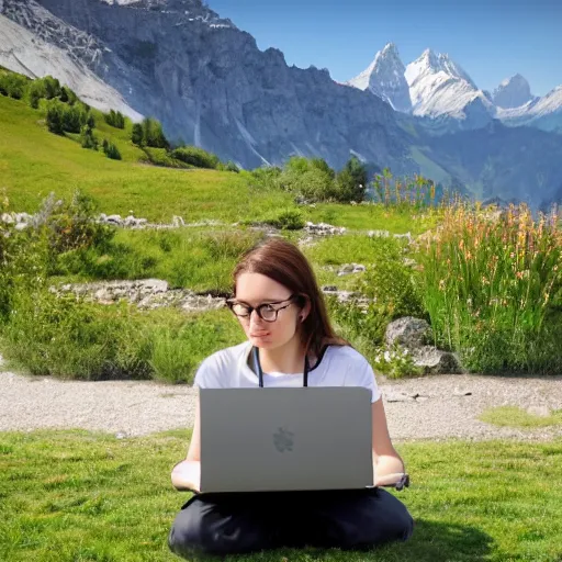 Prompt: smart female junior developer sitting in front of a modern campus building and working on a laptop outside with mountains in the background in summer, alps, 4k, digital art, highly detailed, artstation, 8k, painting