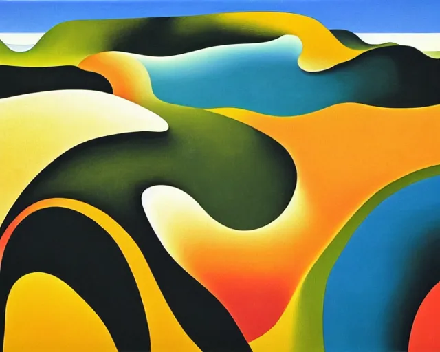 Image similar to An insane, modernist landscape painting. Wild energy patterns rippling in all directions. Curves, organic, zig-zags. Saturated color. Mountains. Clouds. Rushing water. Georgia O'Keeffe. Dali.