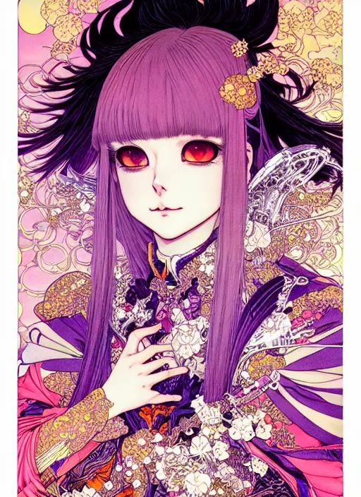 Image similar to highly detailed terada katsuya artstation manga poster of cat girl mechine, rainbow gradient reflection, ayami kojima, long hair, armor, dress, laces, ruffles, 8 k, maximalist, takato yamamoto, alphonse mucha