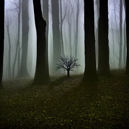 Image similar to a mushroom in the spooky woods at night, fog