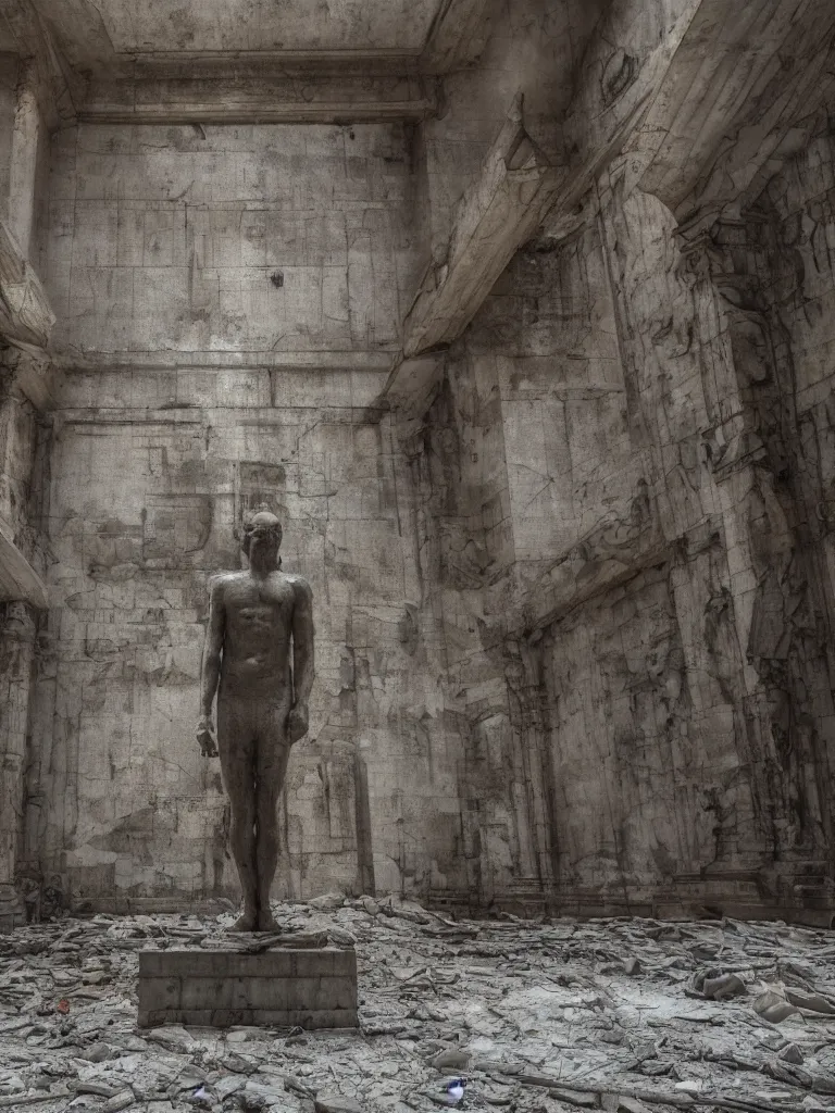 Prompt: portrait of a statue, standing in a hall of abandoned ancient megacomplex; hyperrealistic, 4K wallpaper, cinematic lighting, highly detailed and beautiful