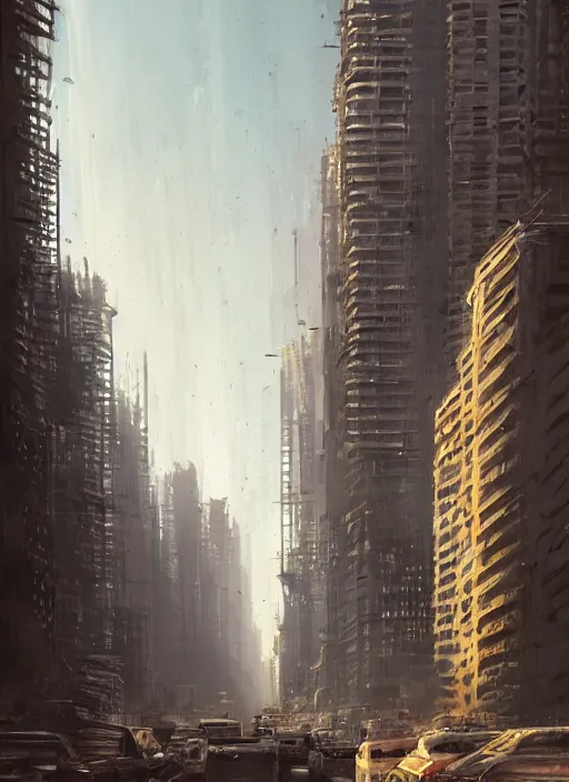 Prompt: A professional digital painting of a street-level view of a far-future city, haphazard corrugated metal skyscrapers, by Greg Rutkowski and James Gurney, trending on Artstation