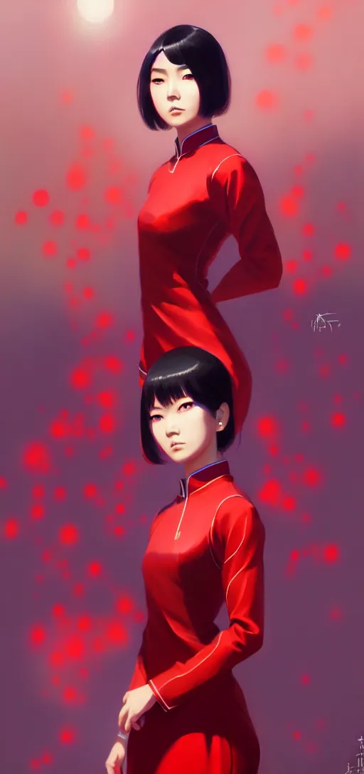 Image similar to a ultradetailed beautiful panting of a asian female wearing red ao dai and futuristic eye google, by ilya kuvshinov, greg rutkowski and makoto shinkai, trending on artstation