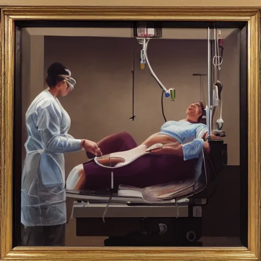 Image similar to oil painting of a female surgeon in the operating room, operating