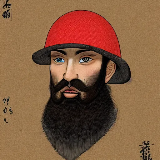Image similar to ukiyo-e portrait of a bearded man in a mushroom hat, studio lightning, bright colors, intricate, masterpiece, photorealistic, hiperrealistic, sharp focus, high contrast, Artstation HQ, DeviantArt trending, 4k UHD, Unreal Engine 5