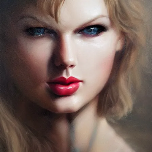 Prompt: a face portrait of taylor swift, fantasy setting, stone face, dim colors, soft lighting, atmospheric, cinematic, moody, in the style of diego koi, gina heyer, luiz escanuela, art by alyssa monk, hyperrealism, rule of thirds, golden ratio, oil on canvas, 8 k