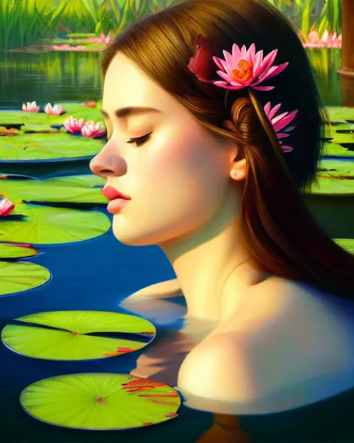 Image similar to stylized portrait of an artistic pose, composition, young lady sleeping in a pond, water lilies, flowers, one single head, realistic shaded, fine details, realistic shaded lighting poster by ilya kuvshinov, magali villeneuve, artgerm, jeremy lipkin and michael garmash and rob rey