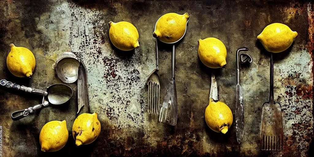 Image similar to decaying rotting lemons, moldy, on an antique distressed table top, metal kitchen utensils, old kitchen backdrop, dark kitchen, style by peter lippmann, intricate detail,