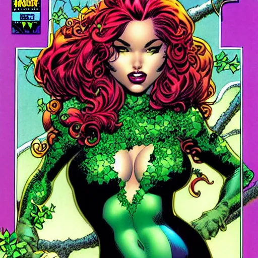 Image similar to Poison Ivy, comic portrait by J Scott Campbell, intricate details, vintage comic book cover scan