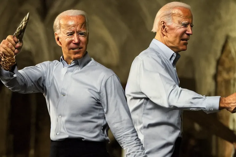 Prompt: joe biden and frodo taking the ring, movie still, from the movie lord of the ring, 8 k, hd