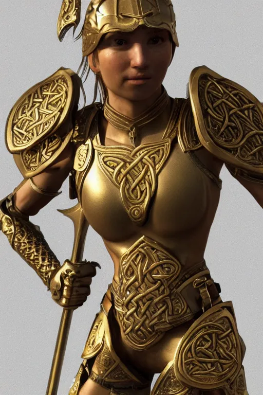 Prompt: a highly detailed sculpt of athletic girl in armor, with modern gold celtic ornaments on the armor : : concept design iteration, cinematic light, featured on artstation, octane render, path tracing, sharp focus, 4 k