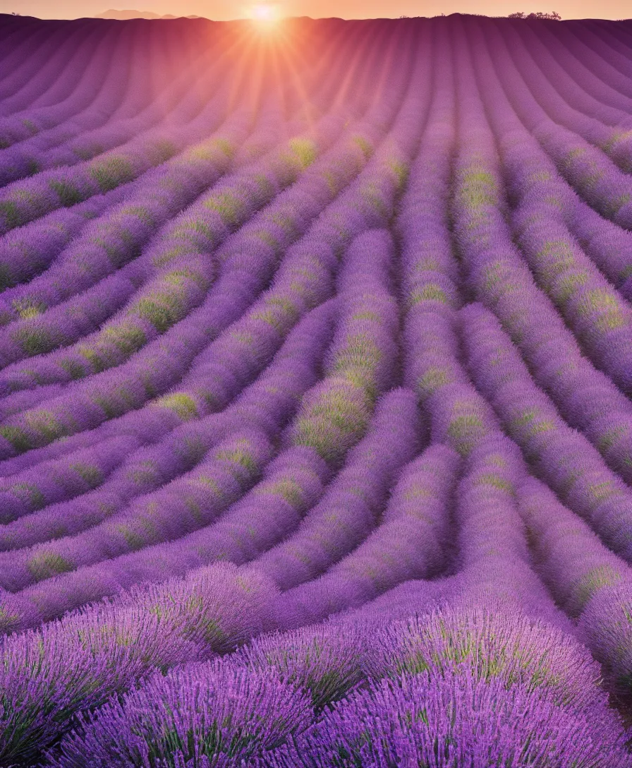 Prompt: beautiful lavender fields at sunrise, ultrawide angle cinematic view, ultra realistic, vibrant colors, detailed, cinematic, photorealism, unreal engine, octane render