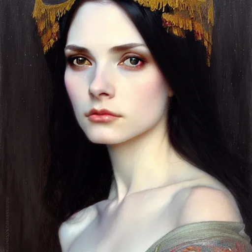 Prompt: Portrait of a beautiful, pale skin, female with long black hair, dark, piercing eyes, gentle expression, elegant clothing, photorealistic, highly detailed, artstation, smooth, sharp focus, art by Klimt, artgerm, Greg Rutkowski and Alphonse Mucha