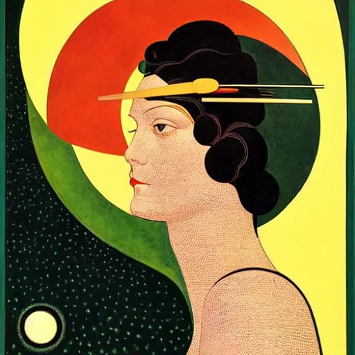 Image similar to Art in the style of Coles Phillips, Gaia, Full figured Mother Earth, portrait, Herbert Bayer, Kandinsky