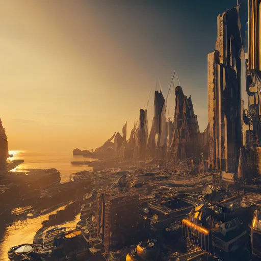 Image similar to a golden fantasy sci fi luxurious city with cerulean oceansides, scandinavian / norse influenced, cinematic, ray traced, octane render, cinematic lighting, ultrarealistic, featured on artstation, 8 k uhd artwork