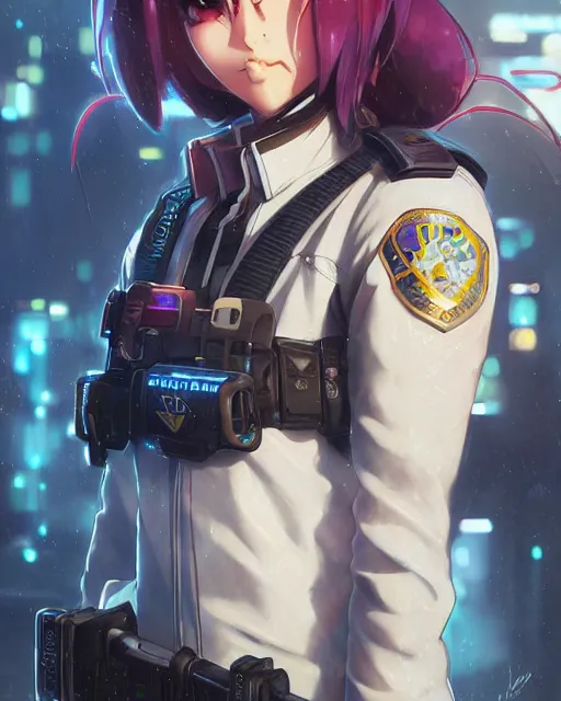 Image similar to anime key visual of a young female police officer, neon, cyberpunk, futuristic, stunning, highly detailed, digital painting, artstation, smooth, soft focus, rule of thirds, illustration, art by artgerm and greg rutkowski and alphonse mucha