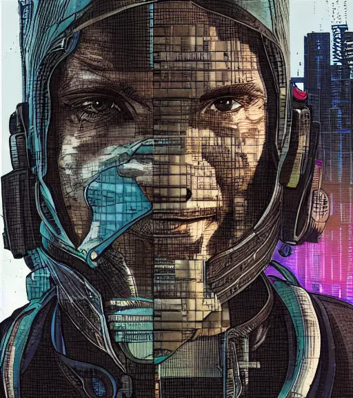 Image similar to a cyberpunk man with multiple digital patchwork faces, techwear, Industrial Scifi, detailed illustration, character portrait, by Martin Grip and Moebius