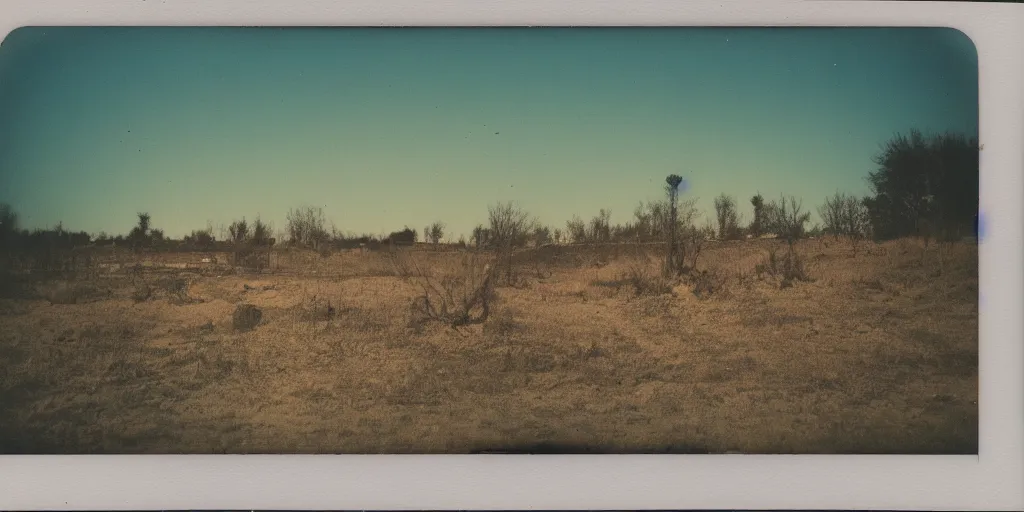 Image similar to polaroid photo of abandoned landscape, vintage colors, slight color bleed