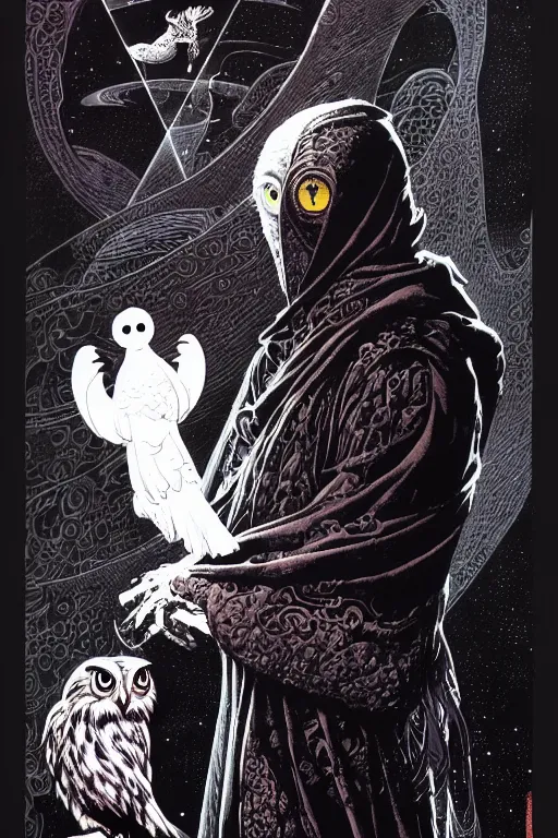 Image similar to side view of majestic alchemists cloaked wizard holding his pet owl on his glove, high details, bold line art, by vincent di fate and joe fenton, inking, etching, screen print, masterpiece, trending on artstation, sharp, high contrast, hyper - detailed,, hd, 4 k, 8 k