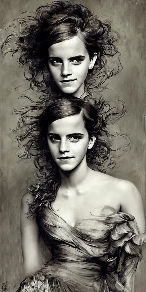 Image similar to emma watson smiling smiling smiling detailed portrait curly updo wet hair painting by gaston bussiere craig mullins j. c. leyendecker photograph by richard avedon peter lindbergh annie leibovitz