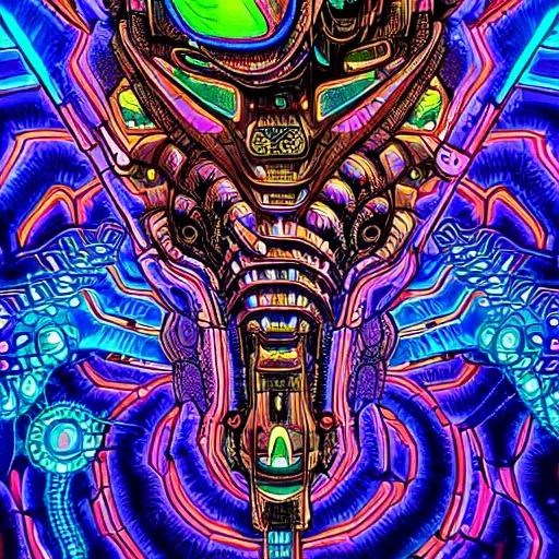 Image similar to beautiful detailed comic illustration, psychedelic fractals made of mecha dinosaurs, cyberpunk, neon