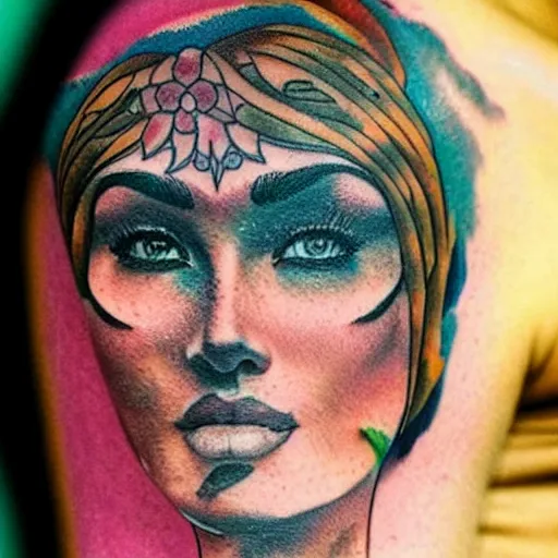 Prompt: tattoo on female face, epic, colorful, beautiful, intricate detail