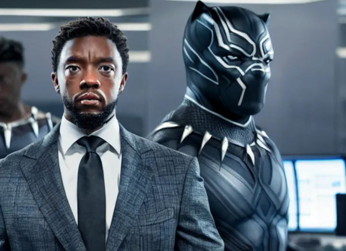 Prompt: Black Panther working as a stock broker in the new avengers movie, 4k