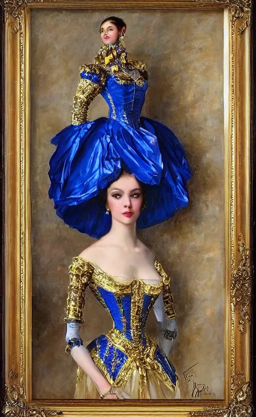 Image similar to Elegant laydy in blue robotic victorian dress with gold ornaments. By Konstantin Razumov, highly detailded