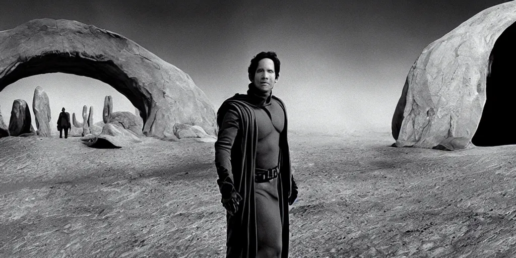 Prompt: Paul Rudd in the movie Dune, black and white matte painting, comic book, walking through a large arch gateway in the desert