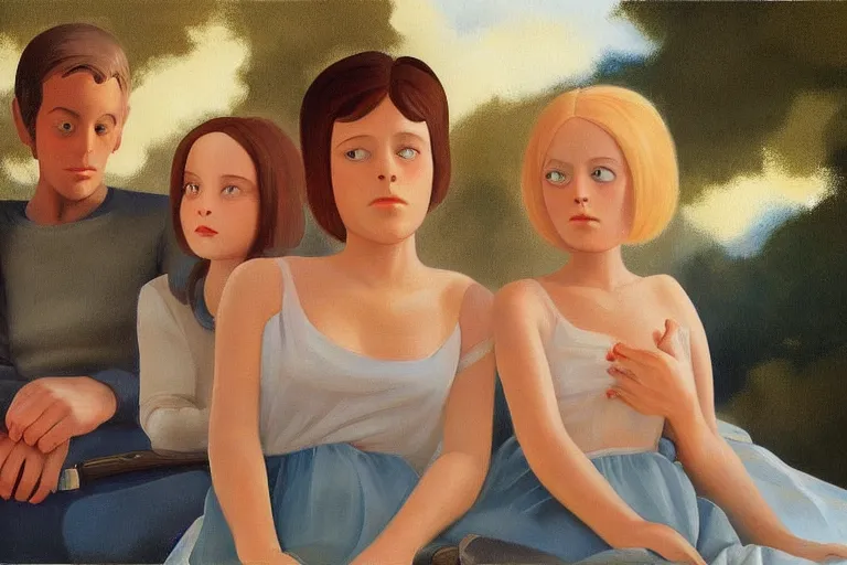 Prompt: beautiful painting of friends, beautiful faces, sitting on the edge, cute, soft light, digital painting by diane arbus and ralph mcquarrie