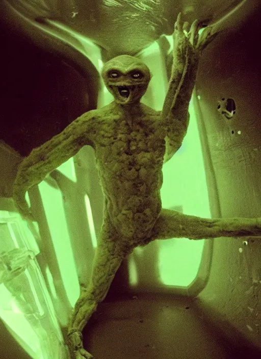 Image similar to a weird humanoid creature is suspended in a tank of dense liquid, weightlessness, tubes coming from the top of the tank connecting to the creature's body, back lit, bright green glow, 35 mm film photography