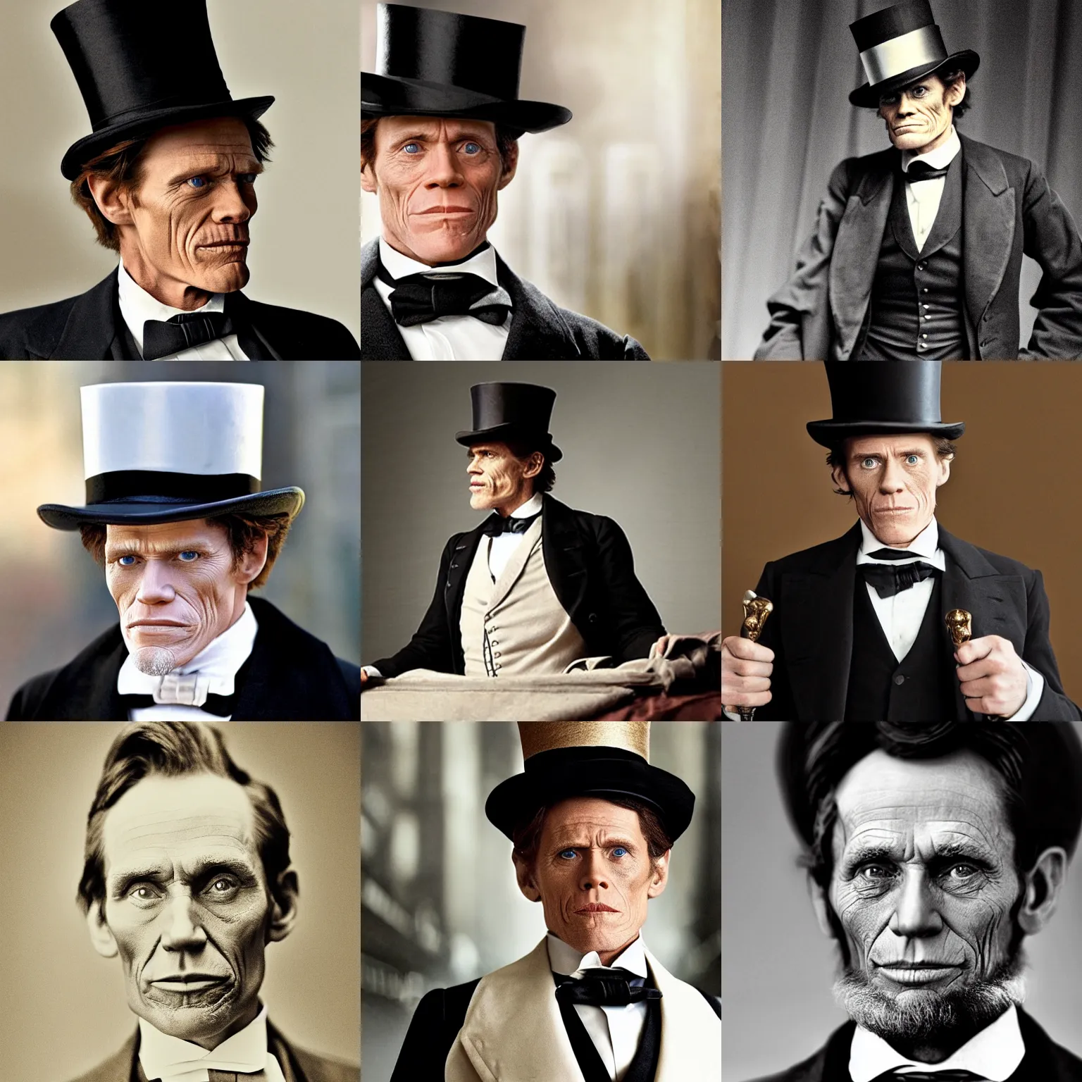 Prompt: willin dafoe in award winning biopic on abraham lincoln top hat