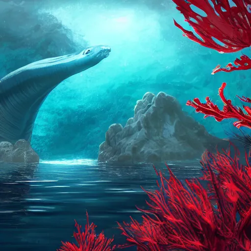 Image similar to underwater view of a strange alien world, some washed out red and green plant life, giant leviathan swimming far in the background, sci-fi underwater base, deep blue sea color, artstation