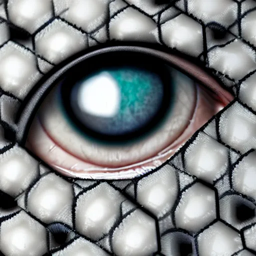 Prompt: closeup of a human eye made but the pupil is a little honeycomb of bubblewrap plastic, hyper detailed 3d render